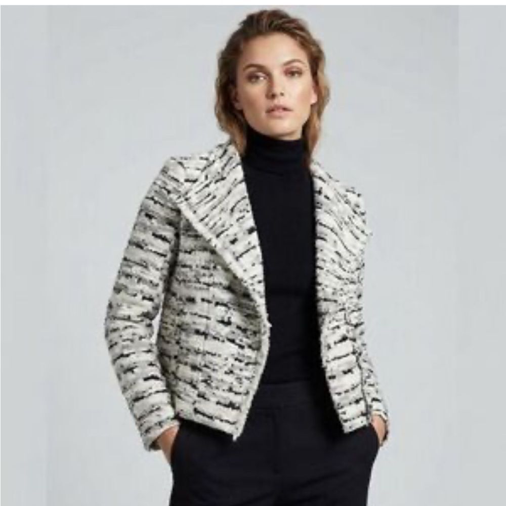 VINCE Black Ivory Boucle Tweed Open Front Frayed Edge Collared Blazer Jacket